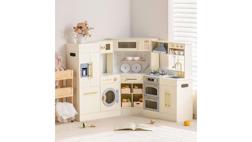 wooden pretend kitchen with accessories